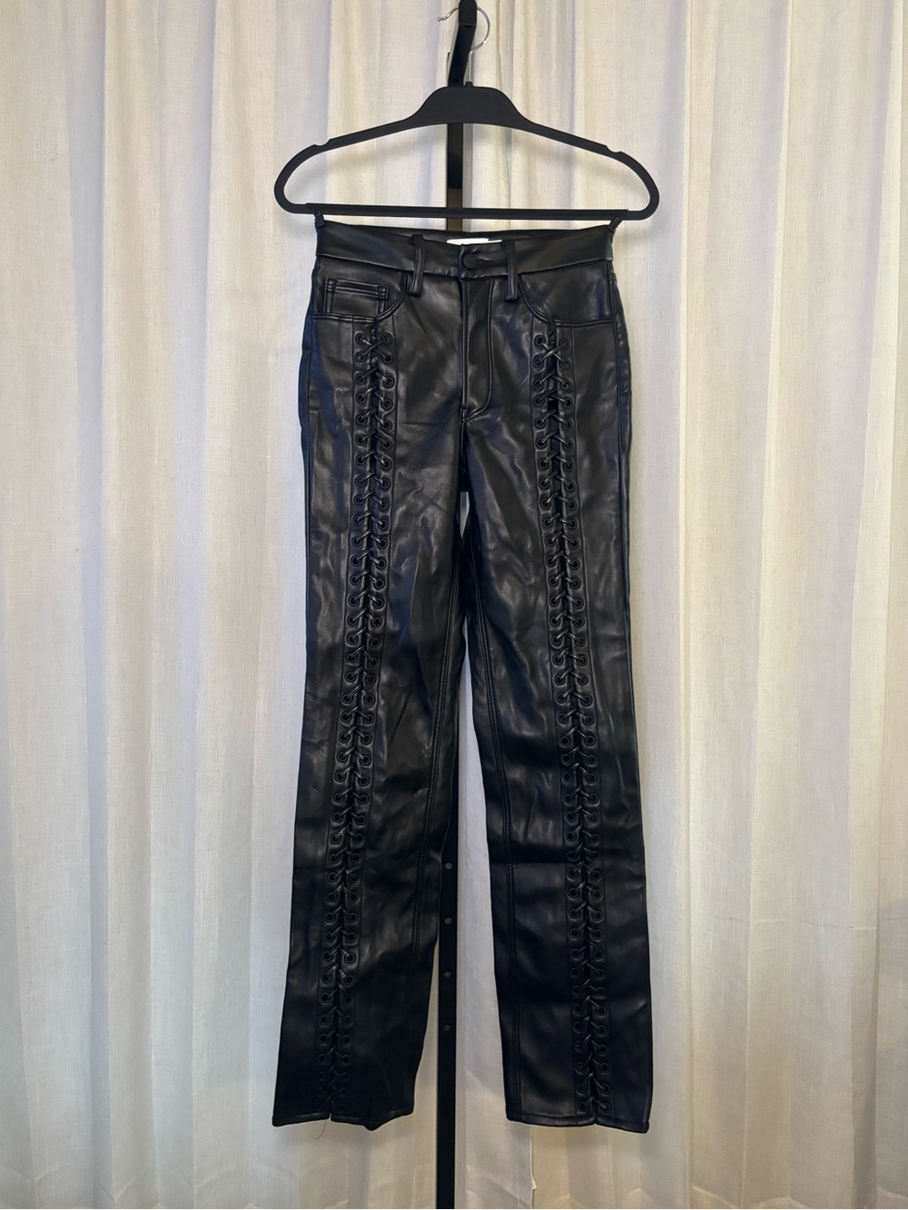 Good American Black Faux Leather Pants with Lace-Up Front